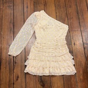 GOLD AND CREAM ONE SHOULDER MINI RUFFLE DRESS